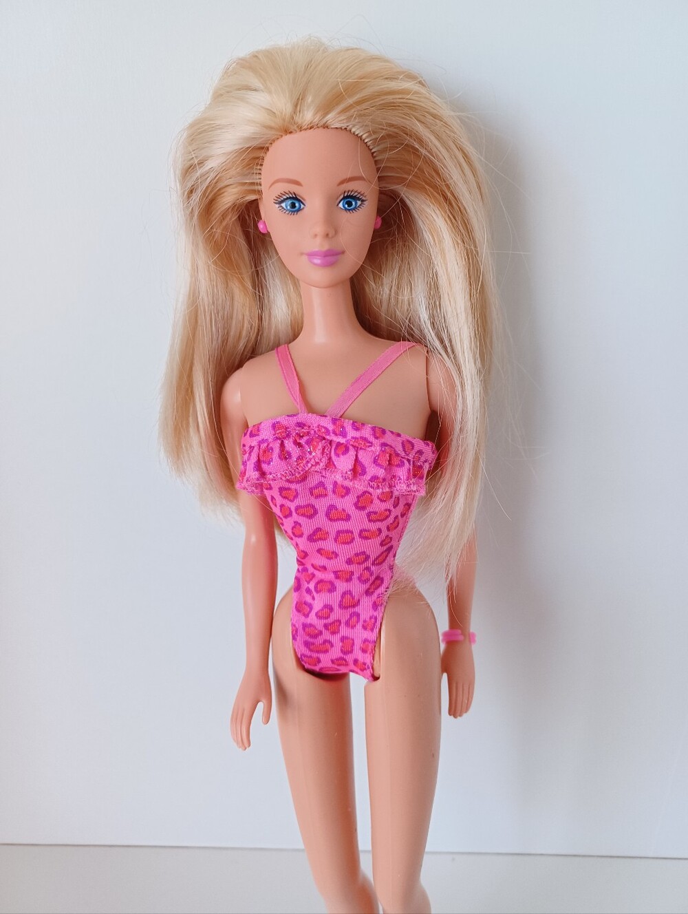 Vintage Barbie Fashion Doll In Pink Leppard Print Swimsuit Summer Toy Collection